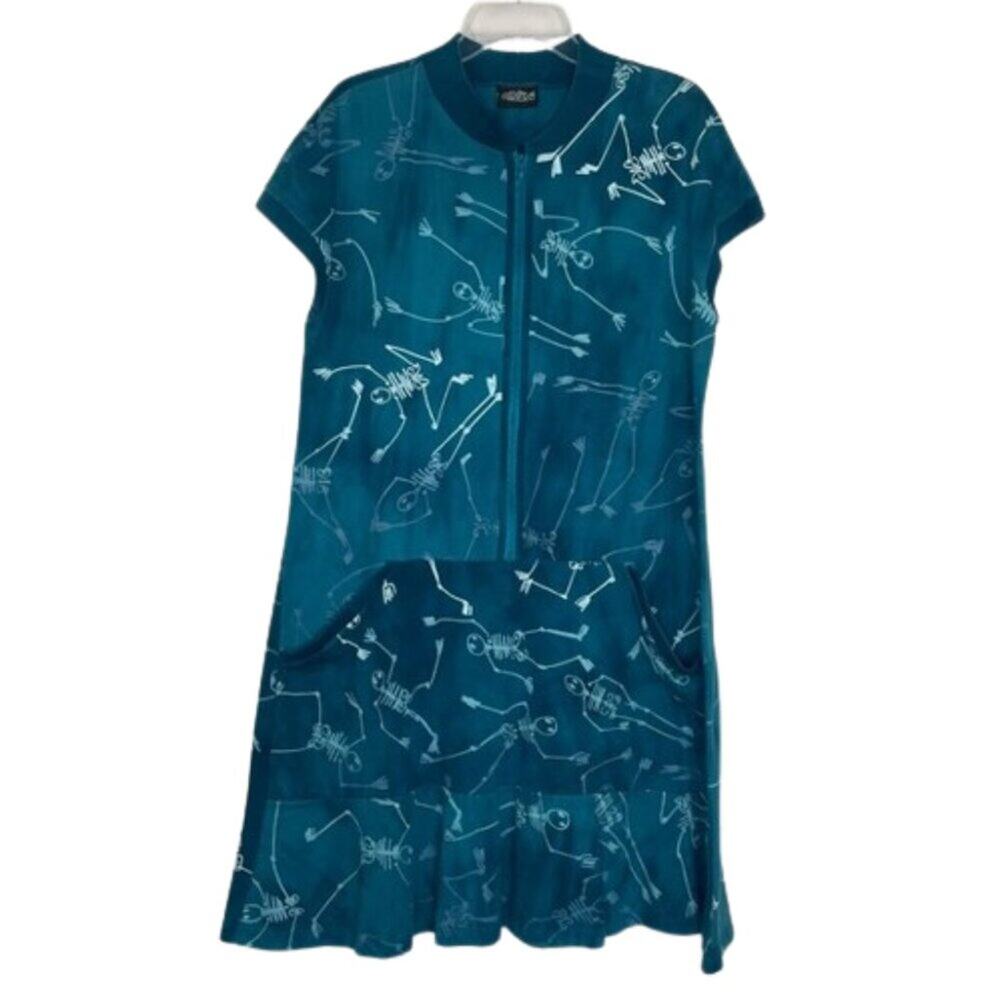 Elvira Matilde dress women's size XL teal skeleton stick people art to wear